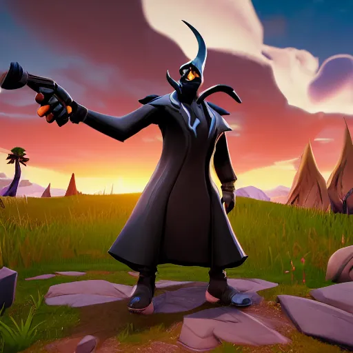 Prompt: an anthropomorphic black goat wizard in fortnite, black wizard robes, holding a gun, 3 d unreal engine render