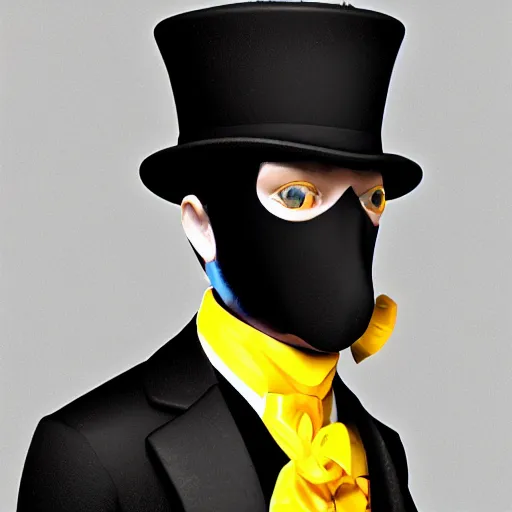 Image similar to a highly detailed portrait of a man in a high top hat covering his face, in a black tailcoat with a yellow waistcoat under the tailcoat, artstation, deviantart, professional, unreal engine 5, photorealistic