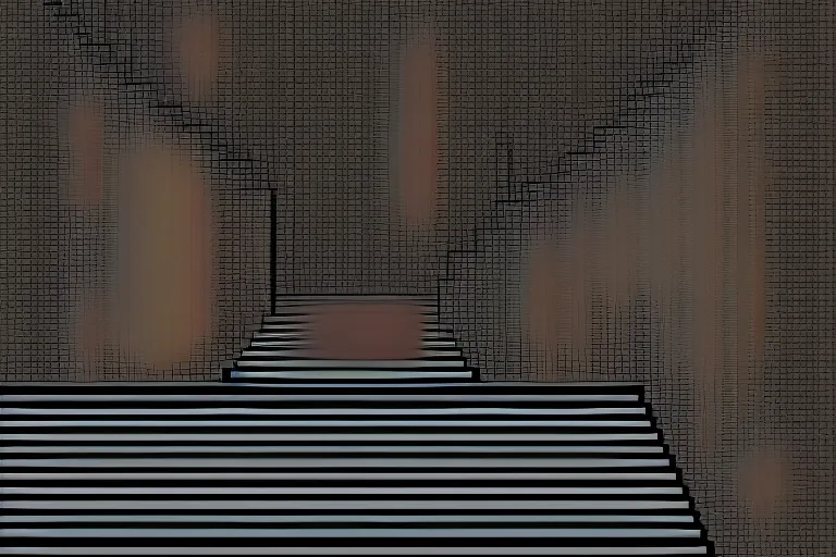 Image similar to a darkened stairway made of lego, with a small faceless figure walking down them, digital art