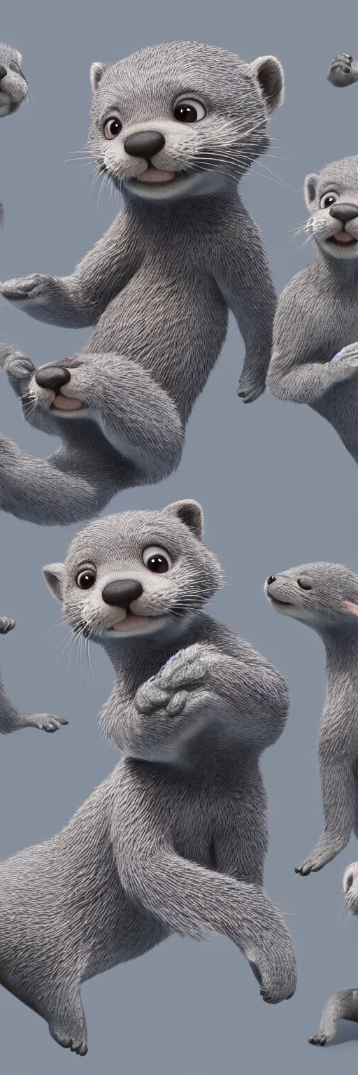 Prompt: portrait of lots of cute gray otters in the style of zootopia. volumetric lighting, subsurface scattering, hyperrealistic, render, hyperdetailed