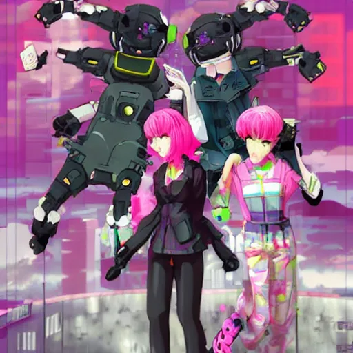 Image similar to vaporwave, emogirl, catgirl, pig, Eva, robots from Eva