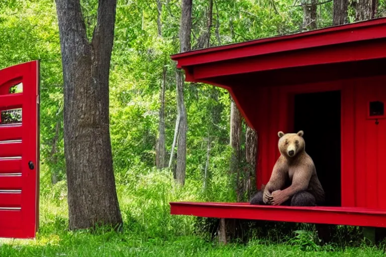 Image similar to grizzly wearing a red shirt sitting outside big tree with a red door by Roger Deakins