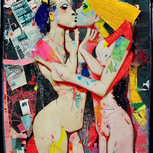 Image similar to two women kissing at a carnival in a video game, mixed media collage, retro, paper collage, magazine collage, acrylic paint splatters, bauhaus, claymation, layered paper art, sapphic visual poetry expressing the utmost of desires by jackson pollock