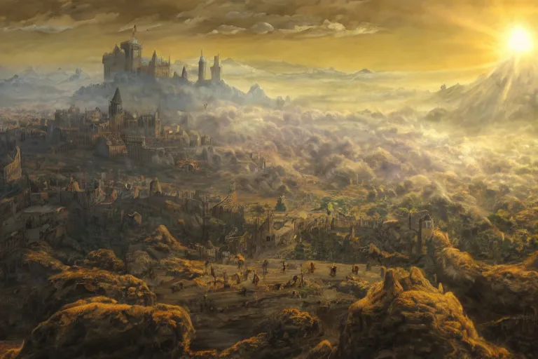 Image similar to a detailed matte landscape painting of king richard the lionhearted as a shonen anime protagonist attacking jerusalem, 8 k, volumetric lighting, in the style of disney, art by kentaro miura and akira toriyama