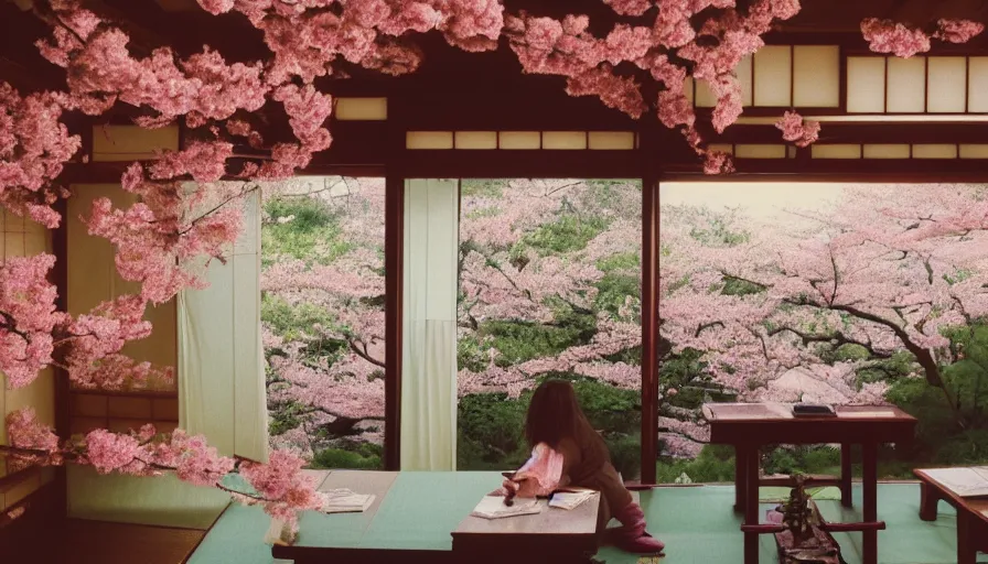 Prompt: 1 9 9 0 s candid 3 5 mm photo of a beautiful day in the a dreamy flowery japanese cottage, cinematic lighting, cinematic look, golden hour, a desk for flower arrangements has sun shinning on it through a window, temple and cherry blossoms in the distance, photographed by petra collins, magical details and glowing lights, uhd