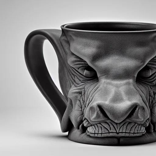 Prompt: a mug with shape of a rhino head, high quality product photography, behance, pinterest