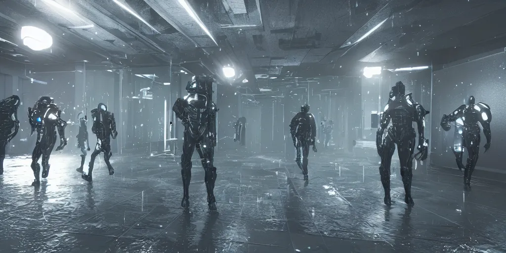 Prompt: sci - fi squad in wet cloaks, infiltrating on the ceiling at midnight storm, lightning, unreal engine 5