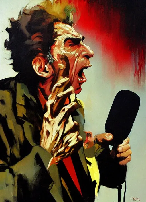 Image similar to 'kramer!! michael richards holding microphone screaming, pointing, enraged, painting by phil hale, 'action lines'!!!, graphic style, visible brushstrokes, motion blur, blurry