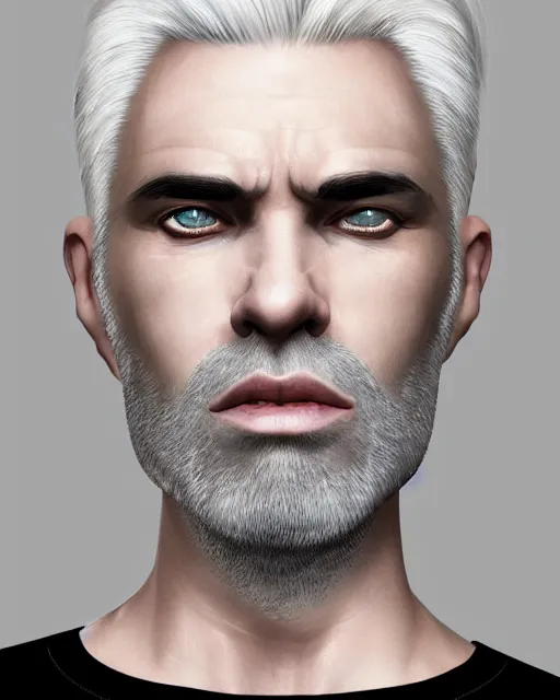 Prompt: portrait of 4 0 - year - old man with white hair with a pale complexion, pointed face and grey eyes, clear smooth face, no beard, wearing all black clothes, haughty facial expression, hyper realistic face, beautiful eyes, character art, art by mark brooks, hyperdetailed, cryengine, trending on artstation, digital art