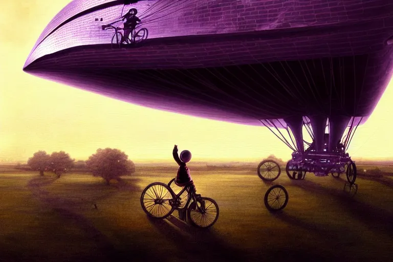 Image similar to kid rides a bicycle waving good bye to the airship at sunset, in the style of giger, intricate and epic composition, purple by caravaggio, insanely quality, highly detailed, masterpiece, purple light, artstation, 4 k