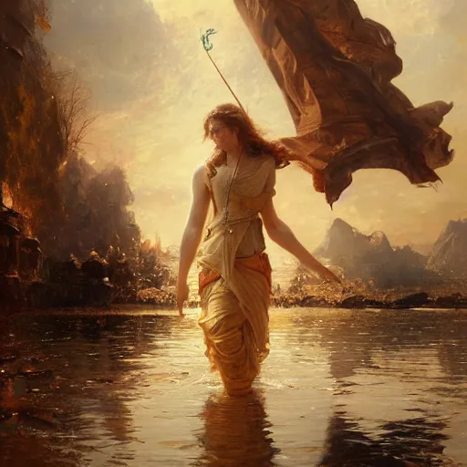 Prompt: a holy saint walking on water. photorealism. pseudo realistic. detailed. 4 k masterpiece. cgsociety. by tianhua xu. by gaston bussiere.