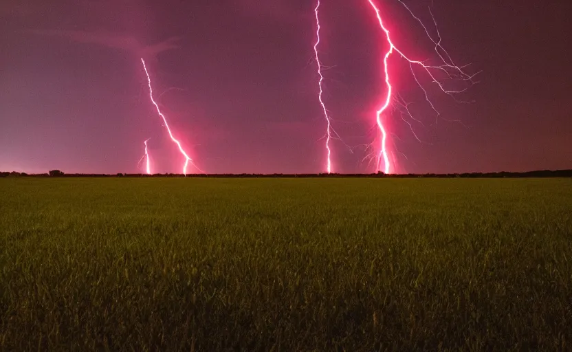 Prompt: red lightning bolts shoot from the ground, night, field, fire is visible on the horizon