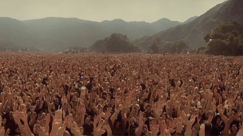 Image similar to movie still of a crowd waving hands saying good morning, cinematic composition, cinematic light, by alejandro jodorowsky