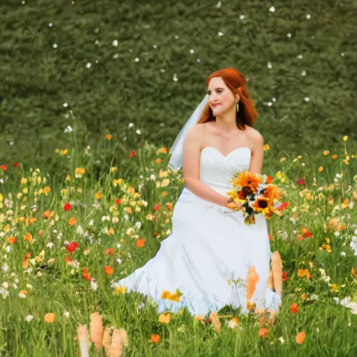 Prompt: corgi in a weddings dress in a field of flowers