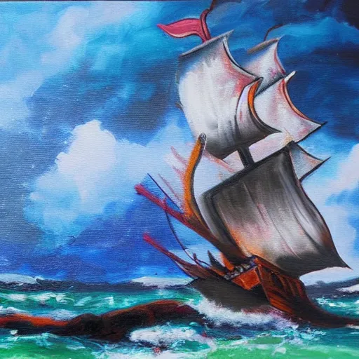 Image similar to pirate ship sailing on stormy seas, oil on canvas, vivid colors,