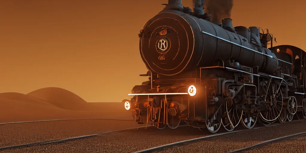 Prompt: a long, foreboding black steam engine travelling through the desert at night- tall bright flames and thick black smoke coming from the engine; artstation, octane render, cgi, cgsociety, volumetric lighting, cinematic, ray traced, ambient occlusion, depth of field