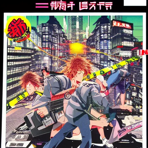 Image similar to 1997 Magazine Cover, Anime Neo-tokyo bank robbers fleeing the scene with bags of money, Police Shootout, Highly Detailed, 8k :4 by Katsuhiro Otomo : 8