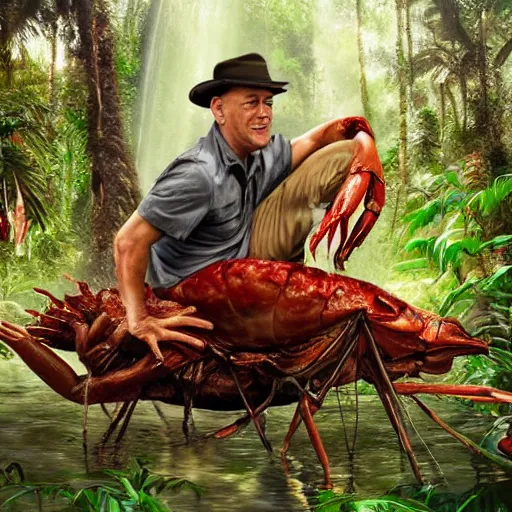 Image similar to Tom Hanks as forrest gump sitting on a giant shrimp in the jungle, realistic digital painting, in the style of Aleksi Briclot, photoreailstic, realistic face, amazing detail, sharp