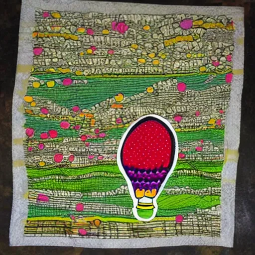 Image similar to a balloon from above, made from patchwork of several pattern cloths, over a landscape of different vegetable crops and some trees. High quality, crayon drawing, aware winning, nostalgic