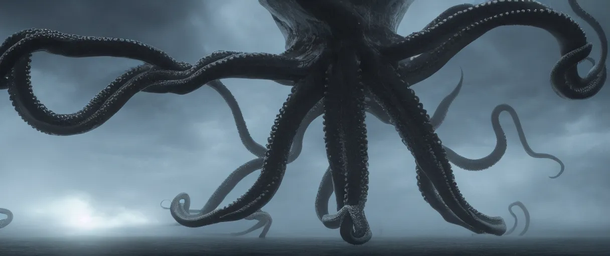 Image similar to a giant octopus tentacle hanging from the clouds over a rain forest, lightning storm and sun rays, ambient light, still from the movie the arrival, 8k