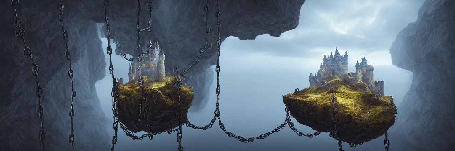 Image similar to hyper realistic cinematic view of floating castle hanging by chains in the air, in between a gorge, below only cloud dark void, structured by chains and cables, 8 k resolution