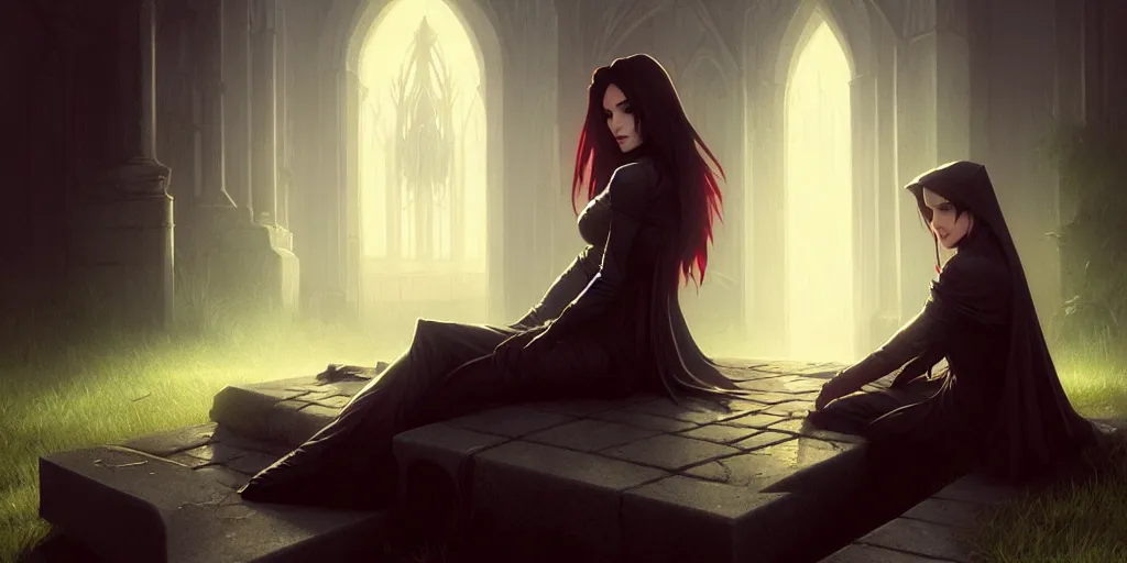 Prompt: vampire sitting quietly on a tombstone, volumetric lighting, cinematic, highly detailed, digital painting, artstation, concept art, matte, sharp focus, illustration, art by artgerm and greg rutkowski and alphonse mucha