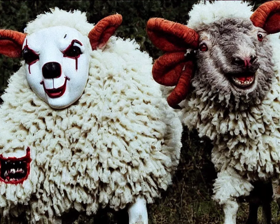 Image similar to a horror movie poster featuring demonic sheep and pennywise