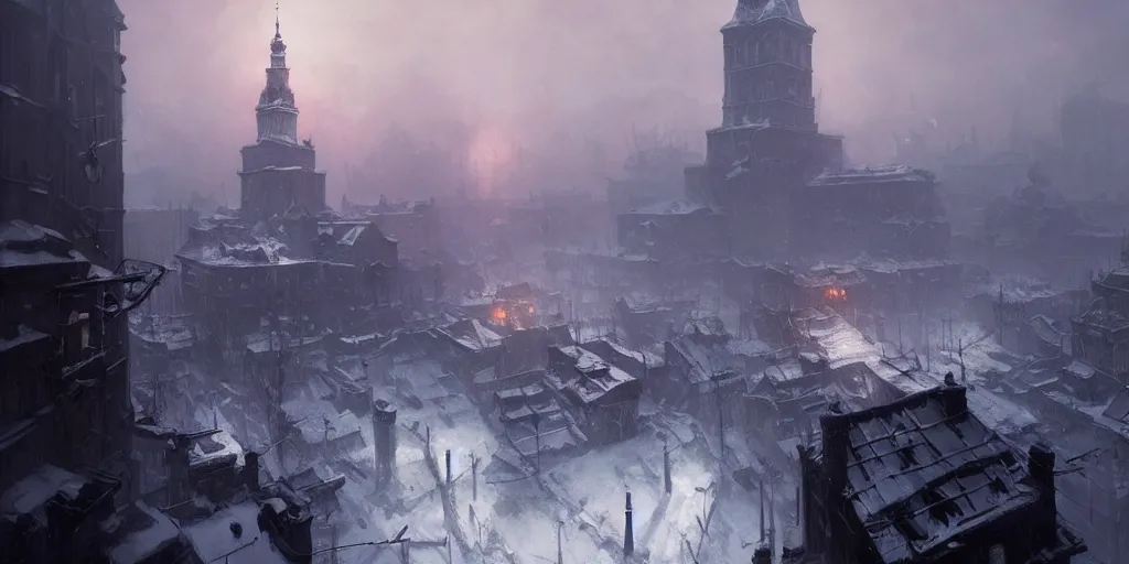 Prompt: frostpunk the city of warsaw, poland. fantasy art by greg rutkowski, gustave courbet, rosa bonheur, edward hopper. faithfully depicted architecture, realistic, sharp focus, global illumination, radiant light, detailed and intricate environment, trending on artstation