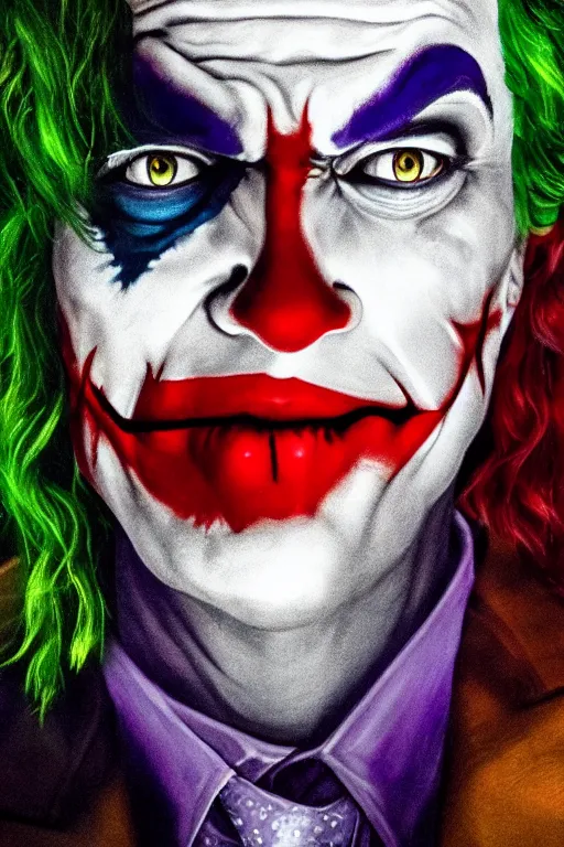 Image similar to a profile shot of the joker doing the kubrick stare looking directly at the camera, 8k, hyperrealism, cinematic lighting