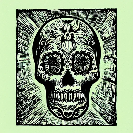 Image similar to “ sugar skull mirror image woodcut by mc escher and hp lovecraft ”