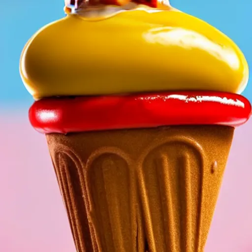 Image similar to promotional photo of an ice cream with hot dog taste, mustard, ketchup, relish,
