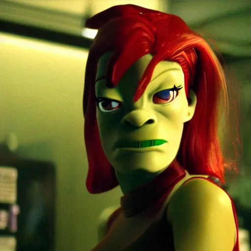 Image similar to still image of lila from futurama in the dark knight, cinematic, anamorphic, 8 0 mm f / 2. 8 l, 3 5 mm film, movie