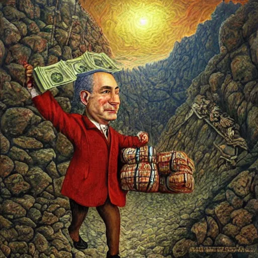 Image similar to Benjamin Netanyahu carrying sacks of money up a mountain in hell, by Michael Cheval