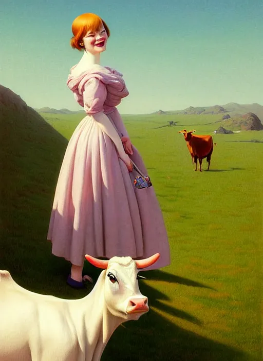 Image similar to hyper detailed 3 d render like a oil painting - cute portrait of emma stone with a smiling cow looking over her shoulder by ryden, kawase hasui, dorothea tanning, edward hopper and james gilleard, aivazovsky, beksinski, outram, artstation