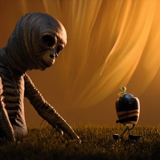 Image similar to promotional still wide let's bee friends, dramatic lighting, ( e. t. the extra - terrestrial ), batteries not included, harry potter, octane 3 d render, ue 5, imax, 7 0 mm.