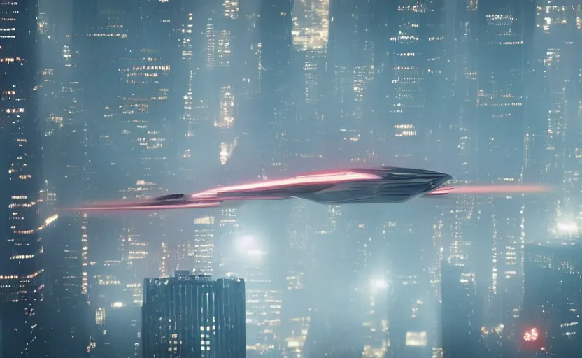 Image similar to a intricate detailed spaceship designed by peter schreyer flying over NYC in style of blade runner 2049