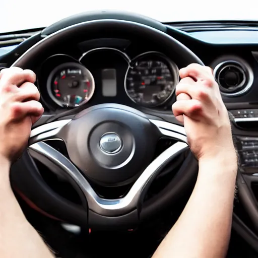 Image similar to extremely muscular hand gripping a steering wheel tightly, first person pov, detailed, inside car