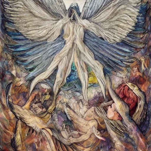 Image similar to A beautiful mixed media art of a winged creature, possibly an angel, flying high above a group of people in a dark, wooded area. The creature's wings are spread wide and its head is turned upwards, as if it is looking towards the sky. The people below are looking up at the creature with a mixture of awe and fear. fire by Atelier Olschinsky subtle, jaunty