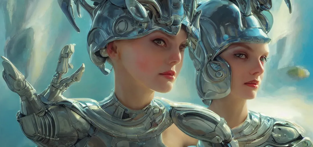 Image similar to face of a cute alien girl wearing shiny plastic armor in the style of roger dean and alberto vargas and stefan kostic, realistic, sharp focus, 8 k high definition, insanely detailed, intricate, elegant, art by greg rutkowski and artgerm, extreme blur coral reef background