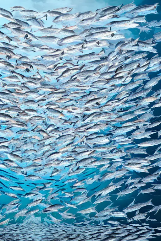 Image similar to a beautiful collage on paper of a school of mackerel, 8 k, frostbite 3 engine, cryengine, dof, trending on artstation, digital art by robert gibbings, crepuscular ray