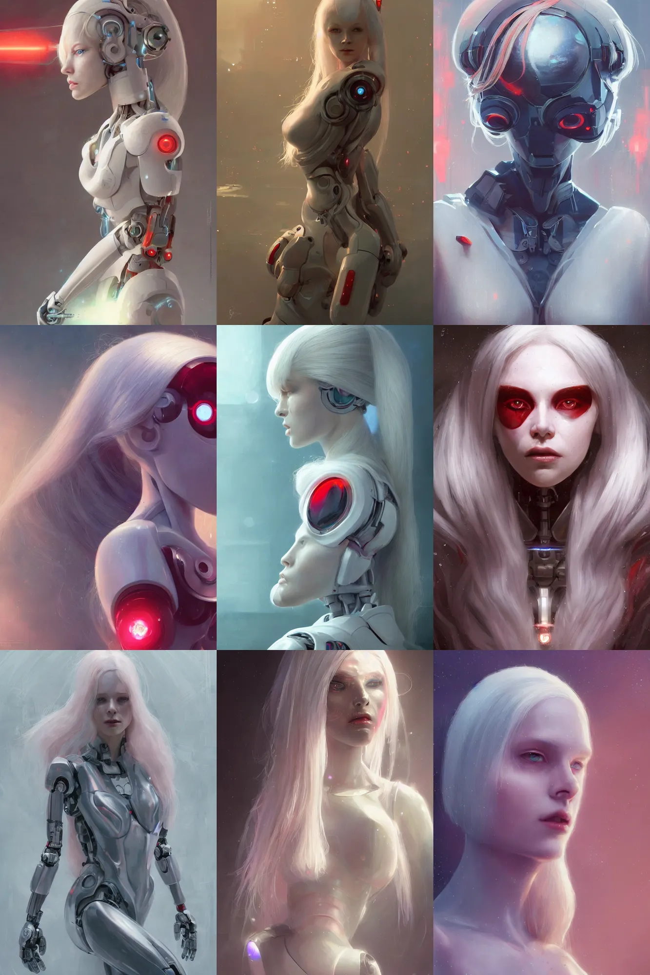 Prompt: A beautiful robot woman with long white hair and red eyes, albino, porcelain skin, cinematic lighting, soft bokeh, sci-fi, modern, colourful, highly detailed, digital painting, artstation, concept art, sharp focus, illustration, by greg rutkowski