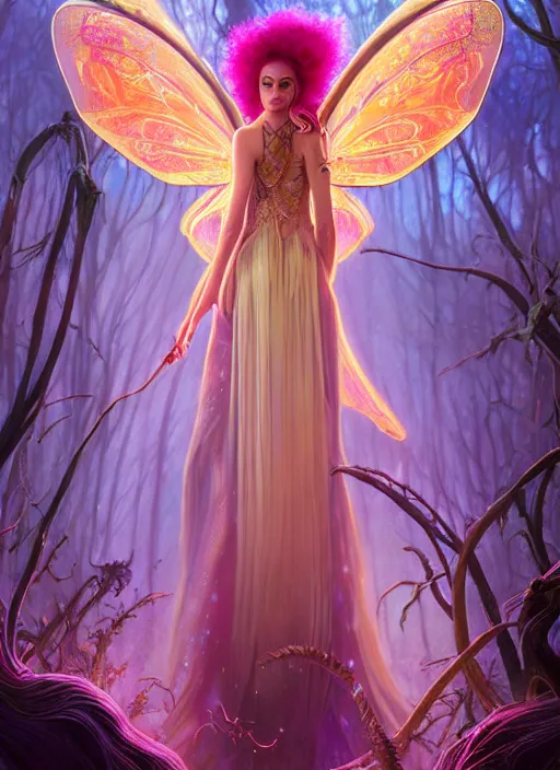 Image similar to stunningly beautiful female faerie priestess in amanita muscaria forest landscape, symmetrical wings on back, neon hair, fantasy art, wearing a dress of gossamer gold, inner glow, dark light night, sharp focus, digital painting, 4 k, concept art, art by wlop, greg rutkowski and alphonse mucha, brom, face by otto schmidt