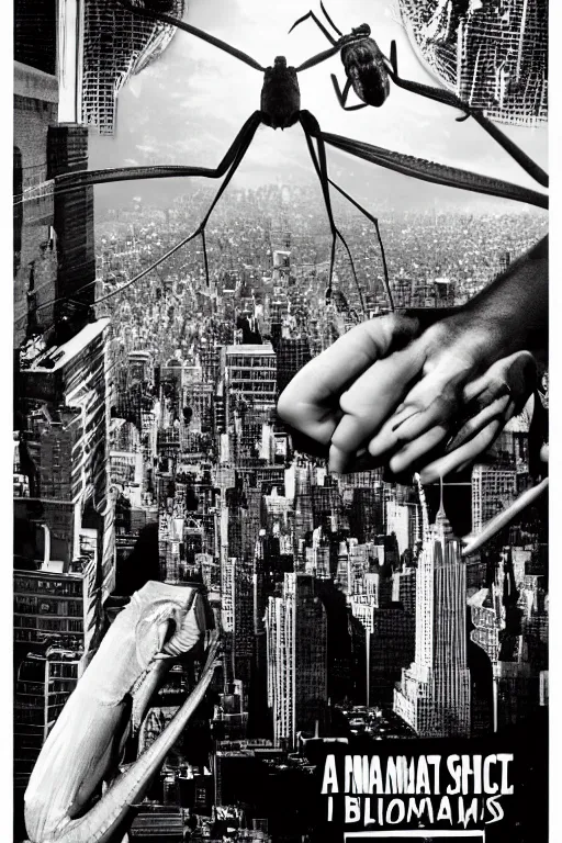 Prompt: a giant praying mantis destroys new york, horror sci - fi black and white poster