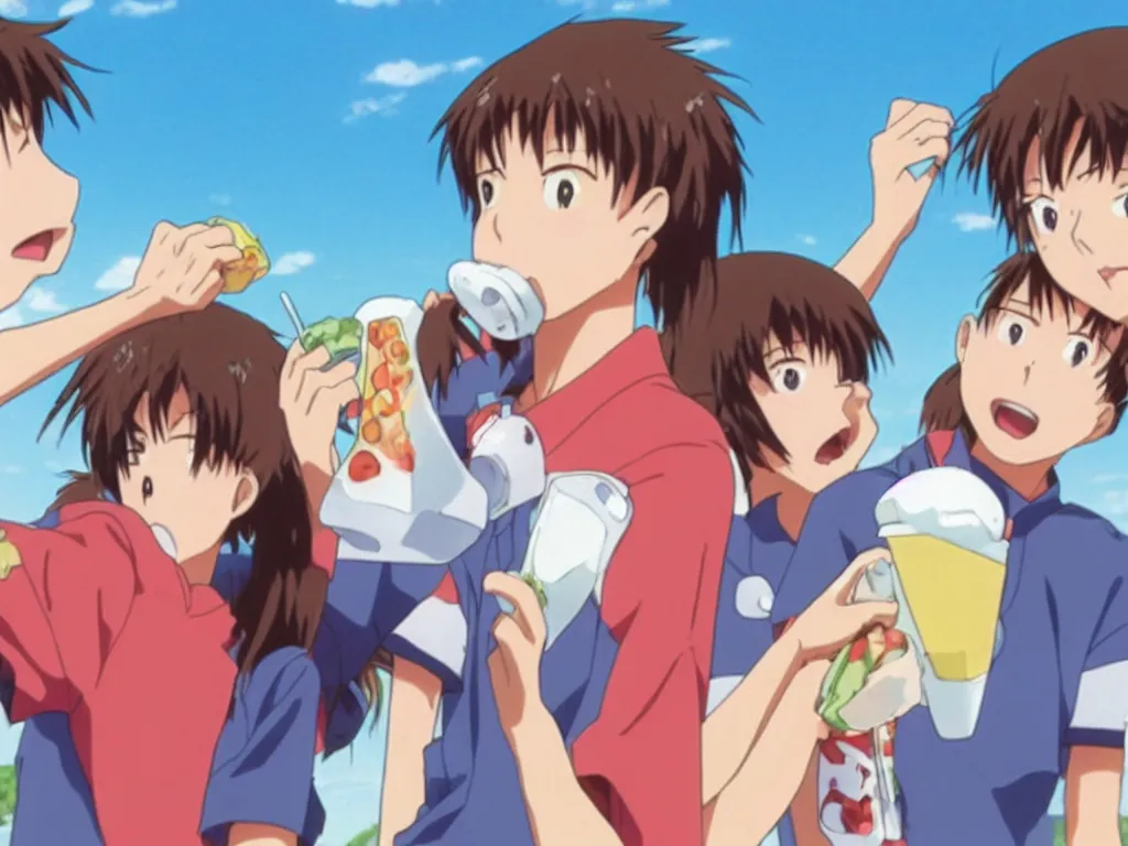 Image similar to two teenagers eating ice cream, on a beach, still from evangelion anime