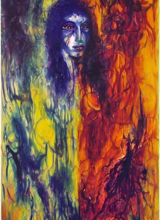 Image similar to enlightened magic cult psychic woman, painted face, third eye, energetic consciousness psychedelic, epic surrealism expressionism symbolism, story telling, iconic, dark robed, oil painting, symmetrical face, dark myth mythos, joan mitchell monochromatic masterpiece