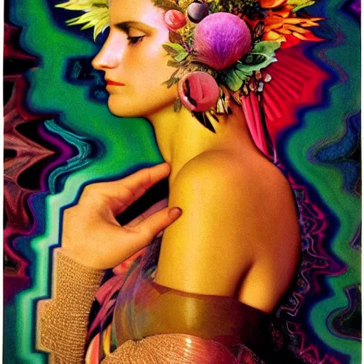 Image similar to extremely beautiful futuristic super schizophrenic psychedelic prismatic superhuman, lush detail, national geographic, steichen, herb ritts, roger deakins, anne leibovitz, alphonse mucha, sharp focus, ultra - realistic, hyperrealism, isotonic, beautiful radiant madwoman, schizophrenic superhuman