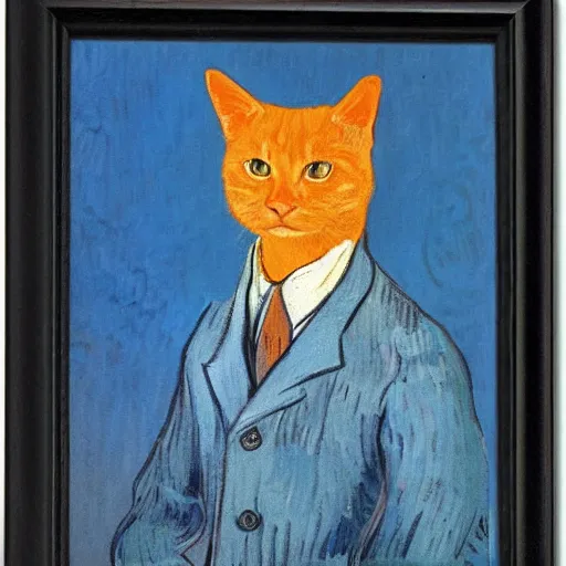 Image similar to a portrait of a ginger orange cat, wearing a light blue suit, by Vincent Van Gogh