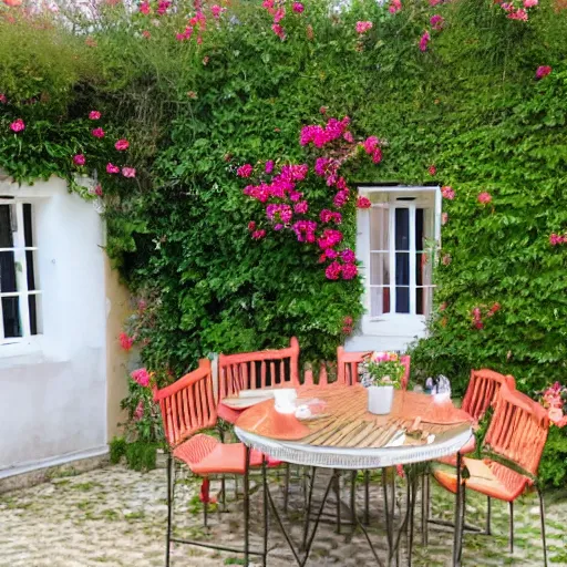 Prompt: ile de re house with a garden full of tremiere rose, sixty stores, white walls, orange roof