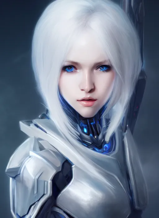 Image similar to detailed portrait of perfect white haired girl, android, warframe armor, beautiful, pretty face, blue cyborg eyes, innocent, scifi, 4 k, sun yunjoo, ultra realistic, aura of light, cinematic lighting, highly detailed, sharp focus, artstation, masterpiece, art by hyungjin yang