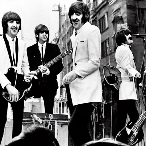 Prompt: the beatles performing yellow submarine on the street